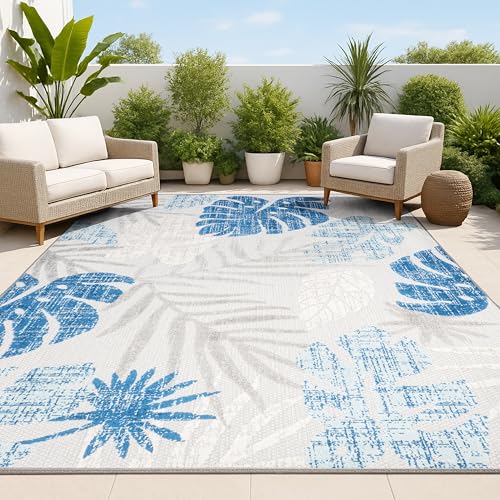 JONATHAN Y Tropical Leaf Indoor Outdoor Area Rug 3X5 Light Gray/Navy, Monstera High-Low for Backyard, Patio, Porch, Easy-Cleaning, High Traffic, Pet-Friendly, Non-Shedding (AMC113A-3)