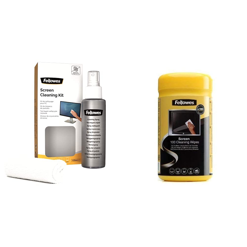 Fellowes Tablet and e-Reader Cleaning Kit for Home and Office Use & 100 Screen and Keyboard Wipes Tub for Home and Office - Monitor/Laptop/iPad/Mobile Phone/Tablet Cleaning Wipes Singular Pack Multi