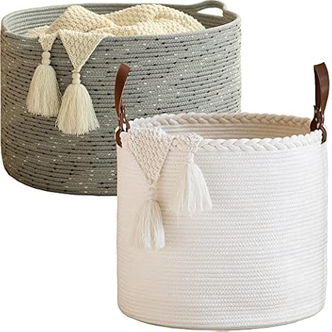 KAKAMAY Large Cotton Rope Blanket Basket,Woven Baby Laundry Hamper，Blanket Basket for Nursery, Laundry, Living Room, Pillows, Toys with Leather Handles （White/Grey)） Cover