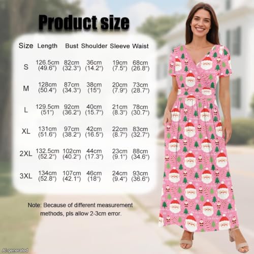 Image of Women's Fall Summer Short Sleeve Ankle Length V-Neck Party Dress with Pockets Size S-3XL