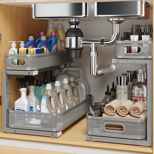Image of 2 Pack 17.3IN-Depth Under Sink Organizer with Smooth Cylindrical Rail,2-Tier Pull Out Multi-Purpose Cabinet Storage for Bathroom&Kitchen,Height Adjustable,Rust-Resistant Coating-Gun Gray