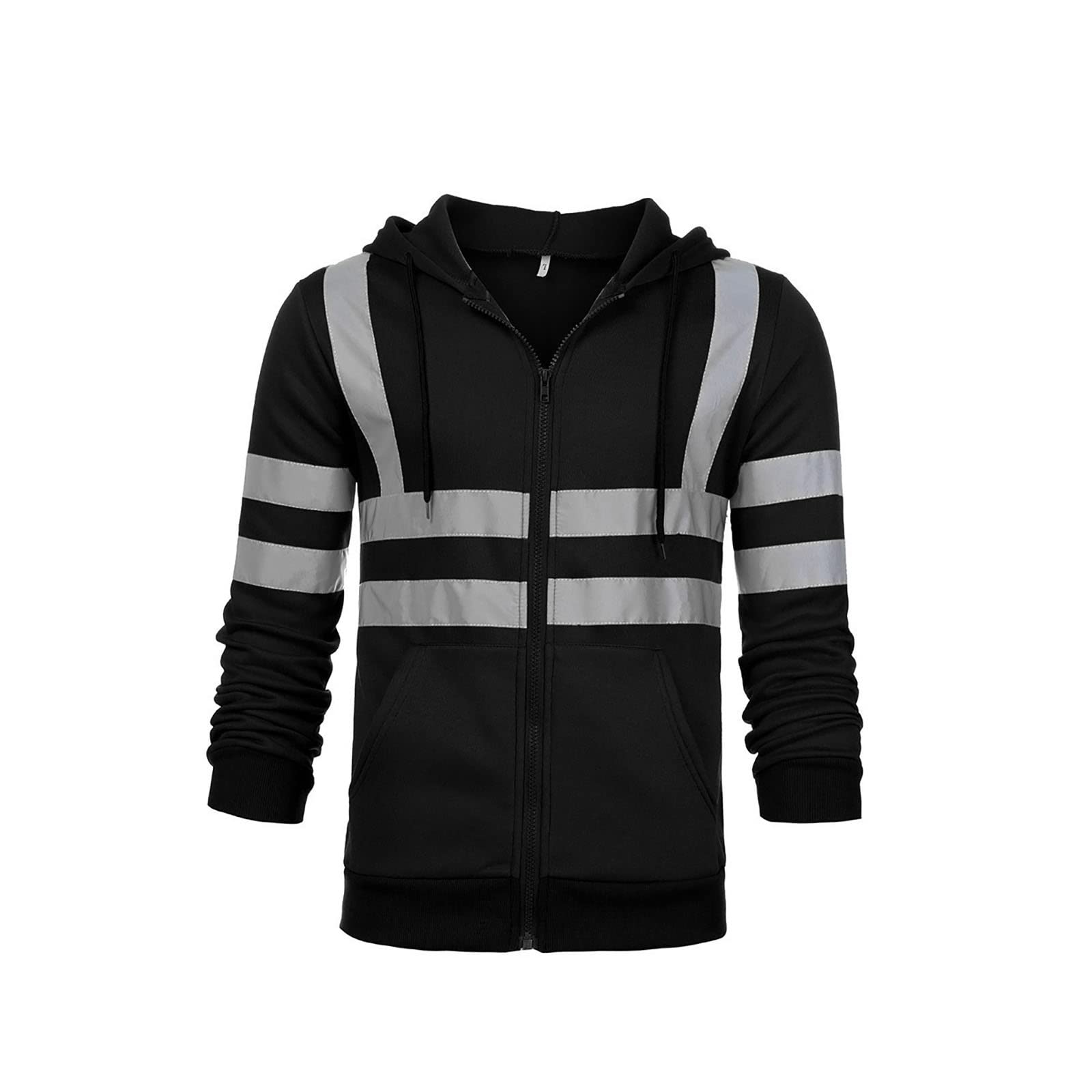 Sudadera con cordón para hombre, forro polar de otoño e invierno y tiras reflectantes Protección contra el frío Ropa de trabajo con capucha cálida, para exteriores Patchwork Cuello redondo con capucha