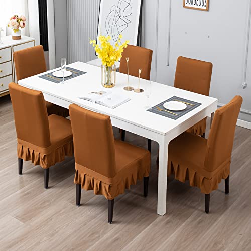 Image of HOKIPO Polyester Blend Stretchable Dining Chair Frill Cover Set Of 6 Washable Slip Covers (Ar-4092-D4*6)
