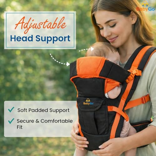 Image of BabyGo Kid Seat Baby Hip Carrier 4-in-1 Adjustable Baby Carrier Cum Kangaroo Bag|Front, Back|for 6 to 24 Months Baby|Newborn to Toddler Carrier|Safety Belt & Buckle Straps|Up to 15 Kgs (Orange)