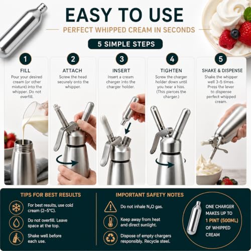 Image of 8g N2O Cream Chargers for Whipping Cream - Pack of 10 | Food-Grade Nitrous Oxide Cartridges | Leak-Proof Steel Chargers Compatible with All Cream Whippers | For Desserts, Coffee & Bakery Use