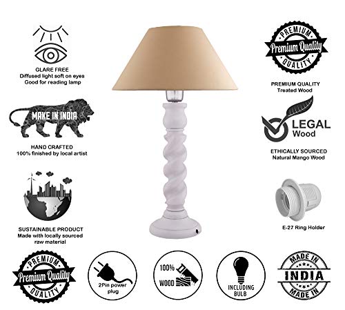 Image of Homesake Handcrafted Wooden Table Lamp for Bedroom & Living Room|Decorative Bedside Reading Lamp, E27 Holder|Bulb Included |Twister White Wooden Rustic for Home Decor, Golden Cone Shade