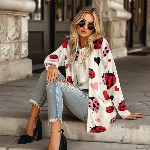 Image of Forchrinse Red Ladybug Cardigan for Women Causal Long Sleeve Open Front Cardigans Sweater Fashion 2024 Fall Coat with Pockets