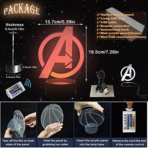 Superhero Legends Logo Decor Night Light 3D LED Iron Man Hulk Captain Team Symbol Table Lamp with 16 Color Illusion Touch Remote Desk Lamp Home Bedroom Art Decor Baby Sleep Lava Teen Xmas Gift Toy