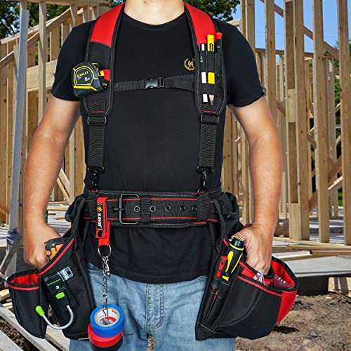 Kunn Tool Belt With Suspenders - Pro Framer Belt/Suspenders Combo Apron(Removable Pouch And Waist Belt) With Multiple Pockets & Hammer Holder For Carpenter,Construction And Electrician,Red #TOP4