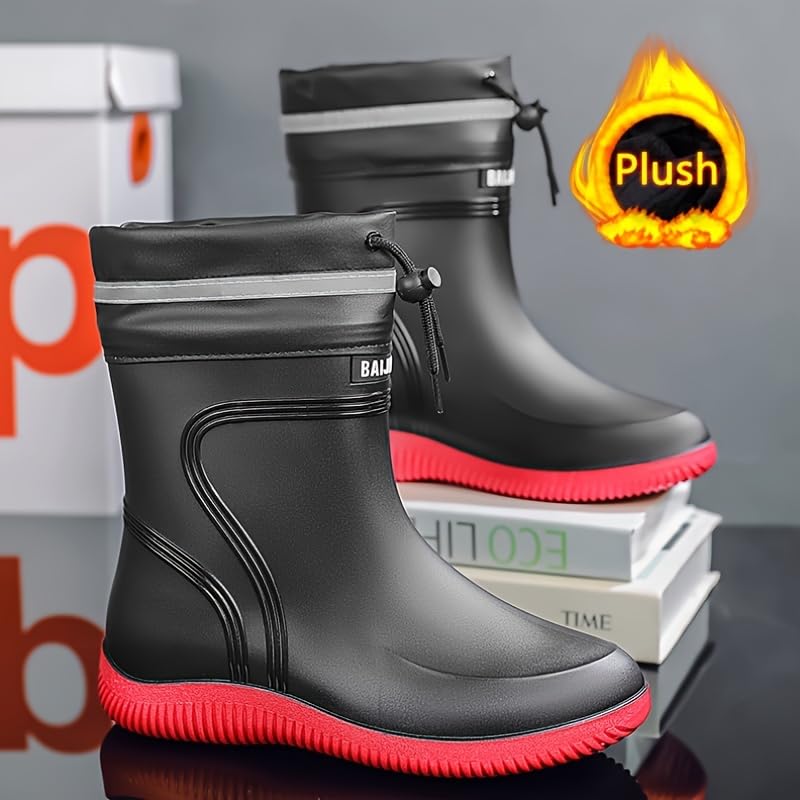 1pr Unisex Plush Waterproof Rain Boots - Mid-Calf PVC Fashion Sneakers with Anti-Slip Sole, Warm Fleece Lining, and Durable EVA Insole for Outdoor Activities4