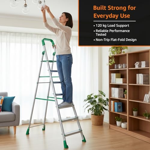Image of Amazon Basics Clamber Pro - Foldable Step Ladder, Firm Grip, 7 Steps (Aluminium Steps, Green & Satin)