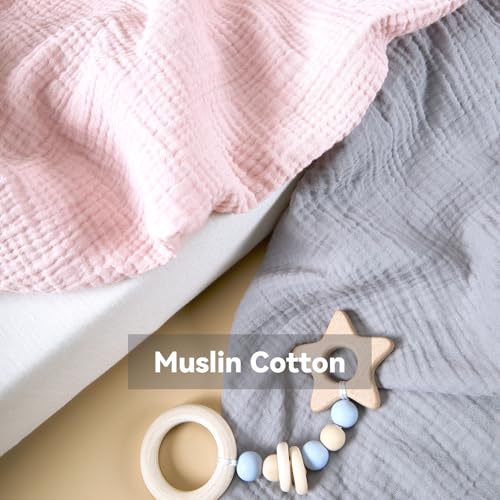 Image of TILLYOU Muslin Mini Crib Sheets 2 Pack, Pack and Play Mattress Sheets Fitted for Pack N Play, 38 x 26 Sheet for Toddler, Grey and Pink