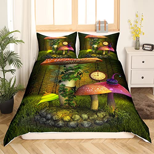 Nursery Mushroom Bedding Set Kids Fairy Forest Comforter Cover Magic Lilliputian Cartoon Fungus Plant Duvet Cover Anime World Clock Fantasy Garden Bedclothes 2Pcs Twin Size Green Child Room Decor #TOP3