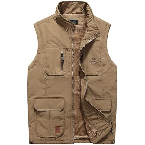 Spanye Men's Outdoor Padded Puffer Vest Fleeve Lined Sleeveless Jacket with Pockets for Work Fishing Photo Khaki-S Cover