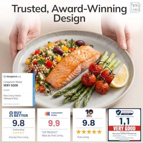 Image of 36 Piece Stoneware Dinnerware Set for 12, Handmade Plates and Bowls Set | Reactive Glaze Coating, Dishwasher & Microwave Safe Dish Set, Chip & Scratch Resistant Dishware Set, Ibiza Light Beige