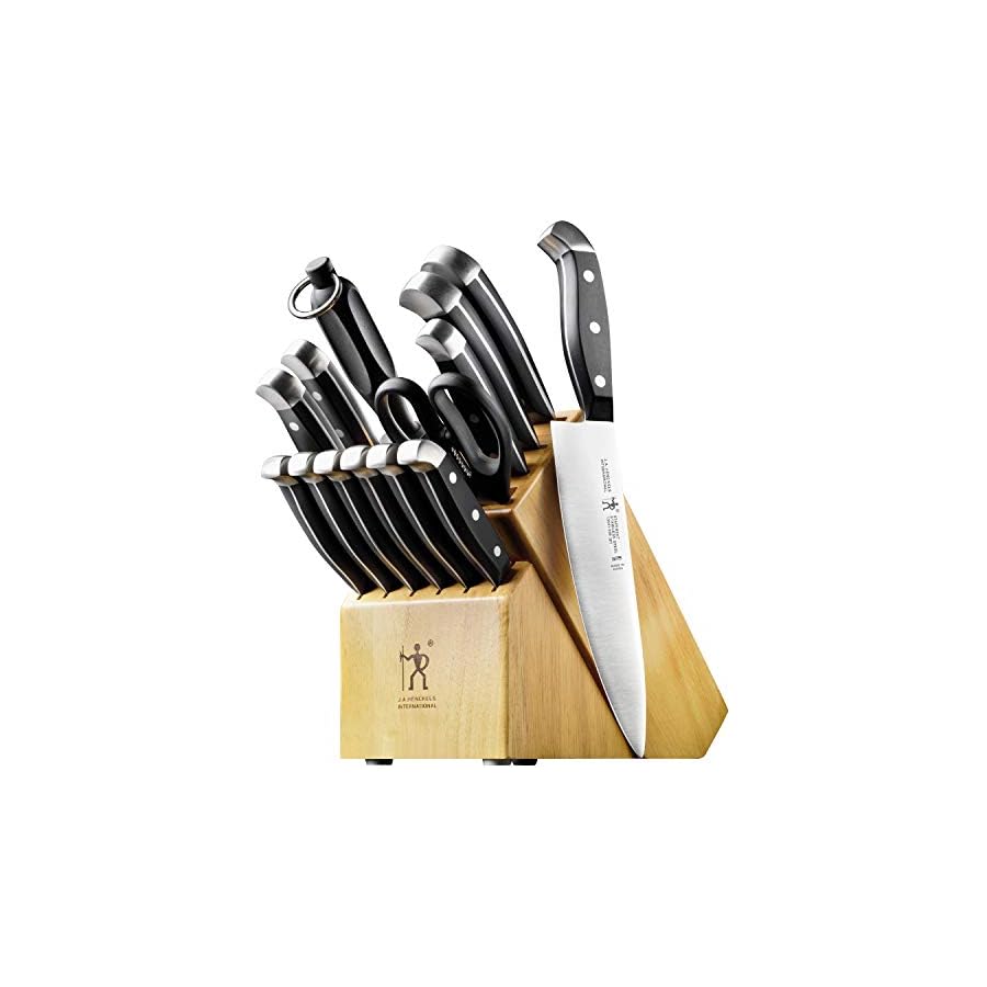HENCKELS-Statement-Kitchen-Knife-Set-with-Block-15-pc-Chef-Knife-Steak-Knife-set-Kitchen-Knife-Sharpener-Light-Brown henckels knife block with serrated steak knives