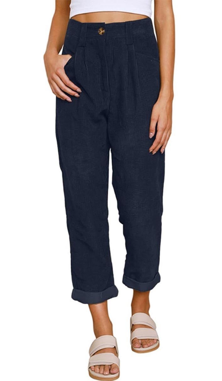 Damesbroek van corduroy, breed, geribbeld, casual, hoge taille