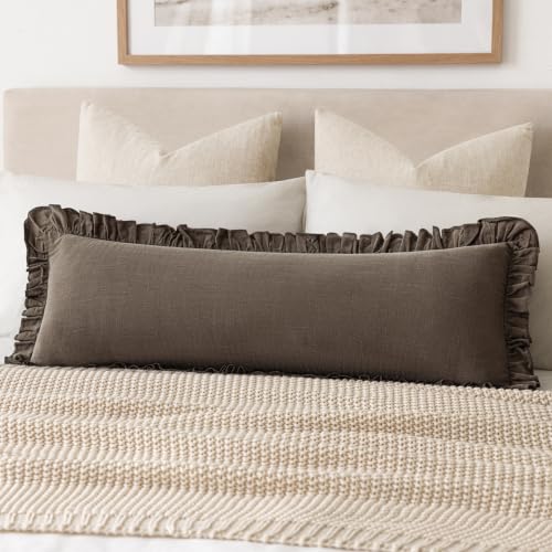 Image of Foindtower Set of 1 Decorative Linen Fringe Ruffle Throw Pillow Cover Long Lumbar Farmhouse Cushion Cover Body Boho Accent Retro Pillowcase for Couch Bed Living Room Home Decor,14x36 Inch,Dark Brown