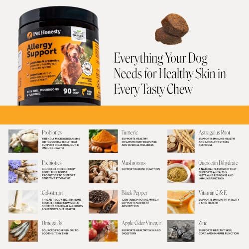 Image of Pet Honesty Dog Allergy Chews - for Paw Licking, Itching & Seasonal Allergies - with Colostrum, Probiotics & Salmon Oil - Vet Recommended Itch Relief Supplement for Dogs (Salmon, 180 Ct)