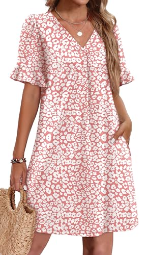 OFEEFAN Leopard Print Dress for Women Casual Summer Dresses for Women 2026 Short Sleeve V Neck Loose Dress with Pockets Pink L