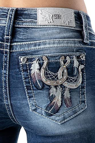 Miss Me Women's Mid-Rise Western Double Horseshoe and Feathers Embellished Bootcut Jeans4