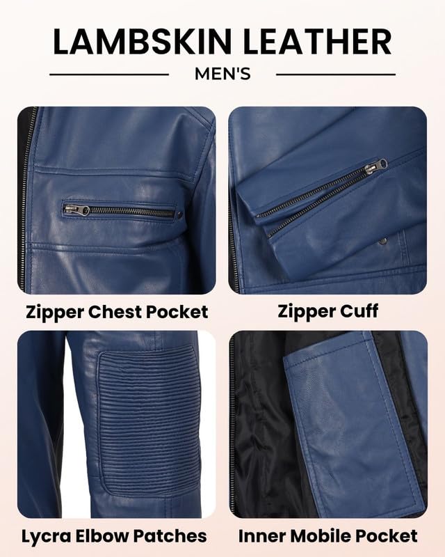 Image of Blingsoul Men's Leather Jacket - Real Lambskin Motorcycle Cafe Racer Biker Style Jacket