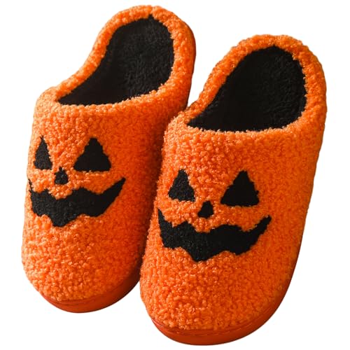 Halloween Pumpkin Slippers for Women Funny Fall Slippers Soft Plush Warm Spooky Slippers for Girls House Winter Shoes Gifts