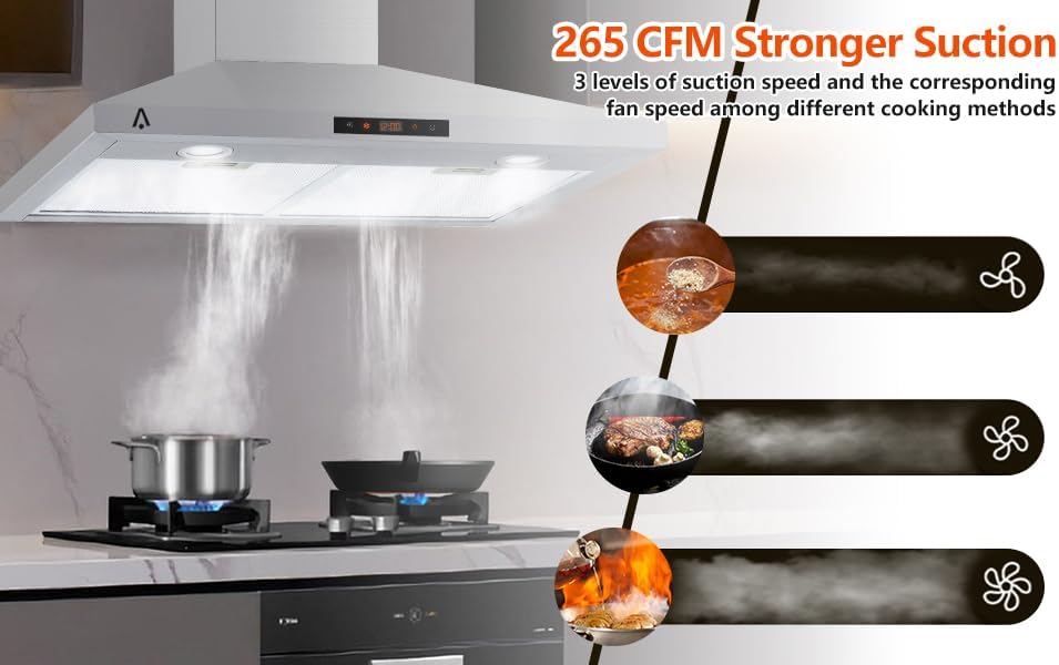 Miniatura 7 de Campana extractora de 30 pulgadas, montaje en pared con 265 CFM, campana extractora de acero inoxidable con control táctil, ventilador de escape de