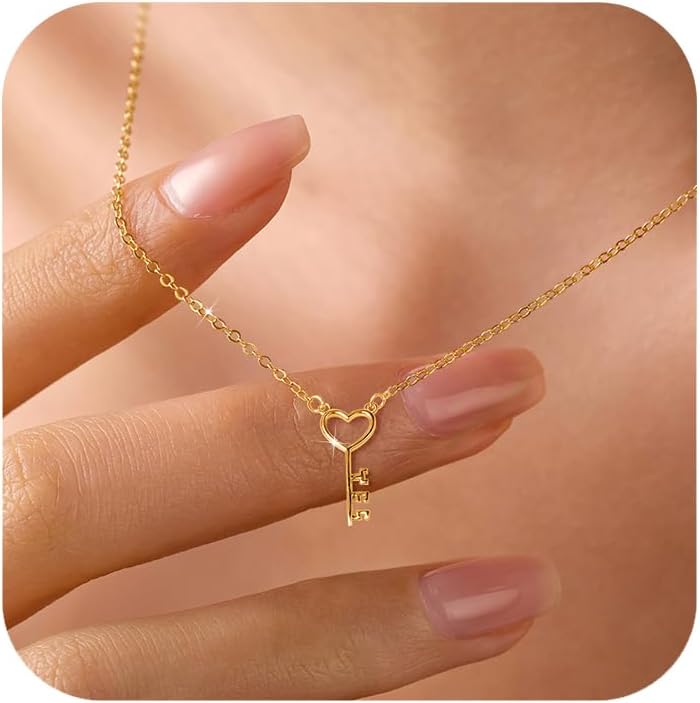 14K Gold Plated Heart Key Necklaces for Women Couple Dainty 925 Sterling Silver Skeleton Key Charm Pendant Necklace Dainty Hollow Love Heart Minimalist Chain Jewelry Gifts for Girlfriend