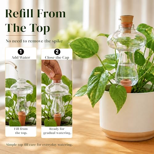 11 oz Plant Self Watering Globes Top Fill, Mushroom Plastic Self Watering Bulbs, LED Night Light Automatic Waterer with Slow Release Ceramic Spikes for Indoor Outdoor Plants, 2 Pack by Plesqui - Used condition - Image 5