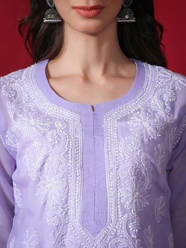 Image of Seva Chikan Hand Embroidered Lucknowi Chikankari Appricot Cotton Kurta Kurti for Women SCL4321