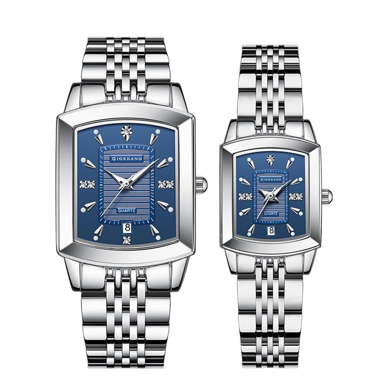 Image of Giordano Analog Pair Watch for Unisex with Square Dial, Crystal Indices, Date Display and Stainless Steel Strap