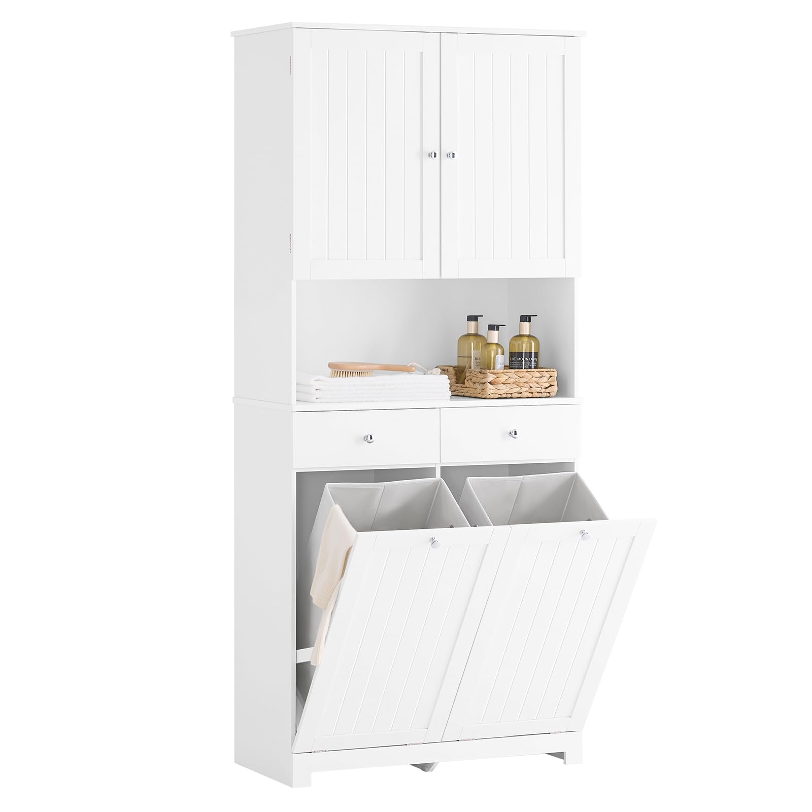 SoBuy Mobile Bagno Salvaspazio con 2 Cesti Portabiancheria e 2 Cassetti Colonna Bagno Stretta 78x38x181cm Armadietto con Ripiano Aperto e Vano per Famiglie e Piccoli Spazi BZR215-W