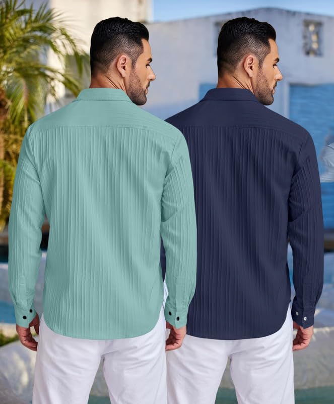 Image of FINIVO FASHION Men's Cotton Blend Shirt Set Lightweight, Full Sleeves, Plain Texture, Button Closure, Summer Ready (Pack of 2)