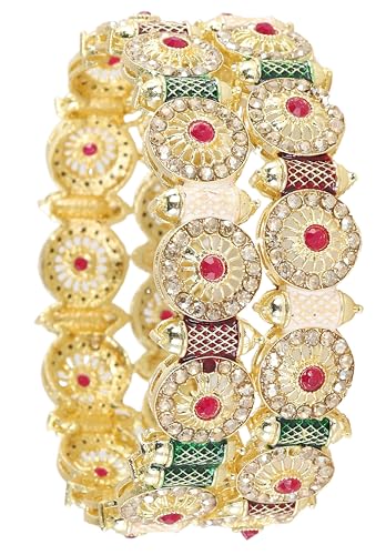 Image of NMII Royal Golden Metal Bangles Set For Women & Girls with Zircon Diamond Stone | Traditional Gold Plated Kangan Set | Fancy Women's Fashion Jewellery Bangles | Wedding, Party, Festive- Set of 2