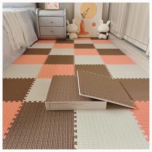 40 Piezas De Baldosas Entrelazadas De Lino Y Algodón De 0,4' De Grosor con Borde, Alfombrillas De Goma EVA Antideslizantes For Suelo, Alfombrillas De Rompecabezas(Dark Brown+Beige+Orange)