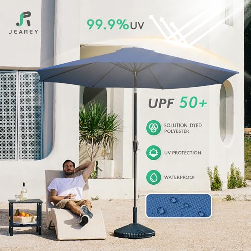 Image of JEAREY 9FT Outdoor Patio Umbrella Outdoor Table Umbrella with Push Button Tilt and Crank, Market Umbrella 8 Sturdy Ribs UV Protection Waterproof for Garden, Deck, Backyard, Pool (Dark Blue)