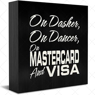 Wooden Box Sign Bathroom Decor 7"x7" - On Dasher On Dancer On Master Card And Visa, Rustic Decor for Wall Tabletop Desk Home