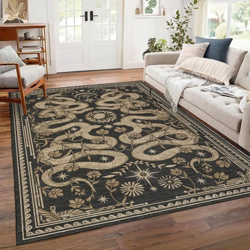 Snake Washable Rugs 5x7 Area Rug for Living Room Forest Soft Low-Pile Stain Resistant Thin Carpet for Bedroom Dining Nursery Non Slip Mat with Rubber Back Dark Grey