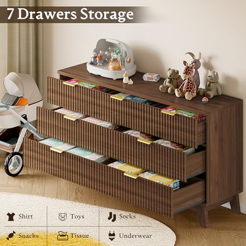 Image of BORNOON Fluted 7 Drawer Dresser, 47.2 inch Wide Modern Boho Chest of Drawers, Wooden Storage Dresser TV Stand for Bedroom, Living Room, Closet, Hallway, Curved Profile Design