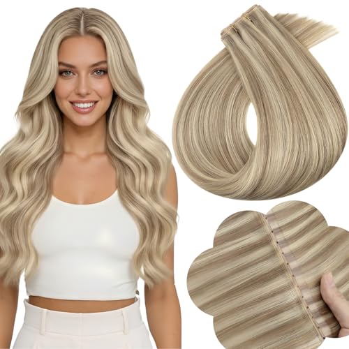 Image of Full Shine Butterfly Weft Hair Extensions Human Hair 16 Inch Highlights | 50G Honey Blonde Highlight Dirty Blonde, Thin Double Side Hairpiece, Seamless Micro Beads, Natural Volume, Blend Solution