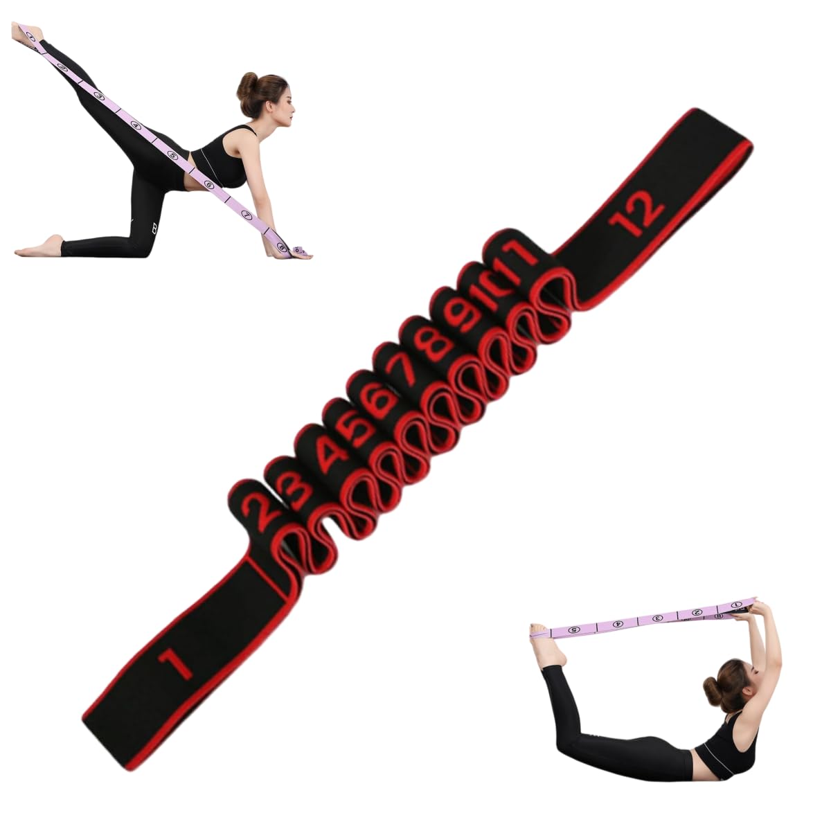 Fitness Resistance Band for Stretching and Yoga - Numbered Resistance Band for Glute Training, 8-Section Elastic Training Bands for Yoga (Black Red, 12 Grids) — image 1