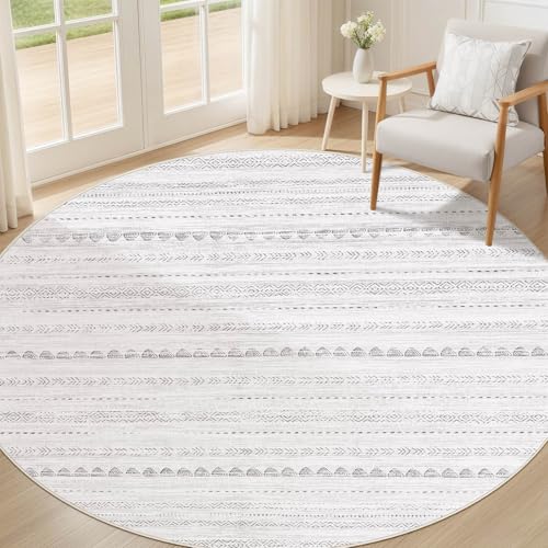 Nakagishi Round Rug Boho Area Rugs: 5x5 Washable Large Circle Neutral Soft Stain Resistant Non-Slip Carpet for Women Aged 25-45 Farmhouse Decor Enthusiasts - Living Room Bedroom Dining Room Nursery