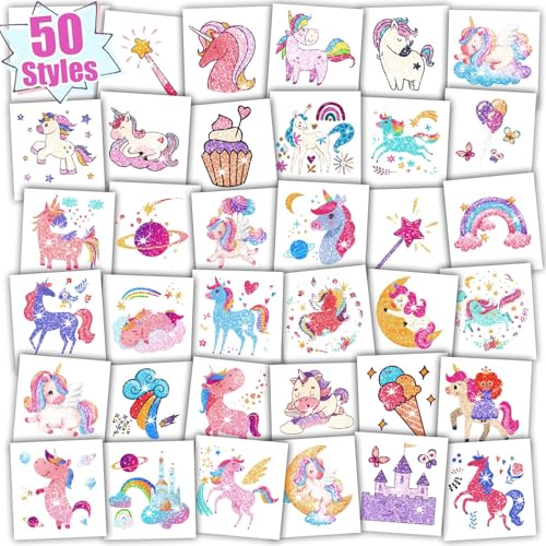 Partywind Glitter Temporary Tattoos for Kids Girls Birthday Party Supplies Favors Decorations Kids Goodie Bag Stuffers Fake Tattoo Stickers for Back to School Party Games Prizes (50 Sheets)