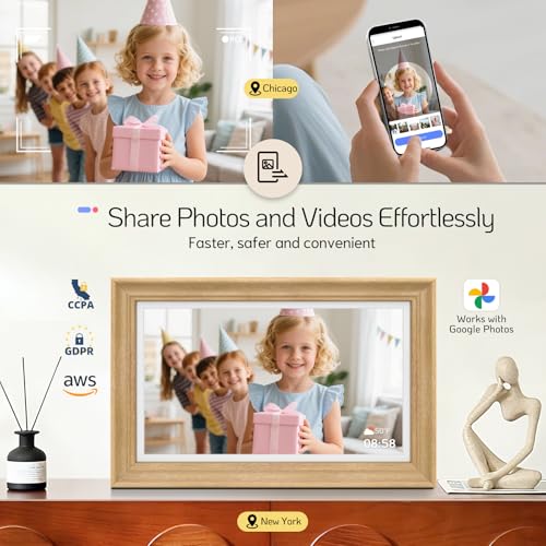 Image of NexFoto 15.6'' Touchscreen Digital Picture Frame, 64GB Wood Electronic Picture Frame, FHD WiFi Digital Photo Frame, Add Photos from Google Photos, Share Videos, for Mom, Christmas /Birthday, Wood