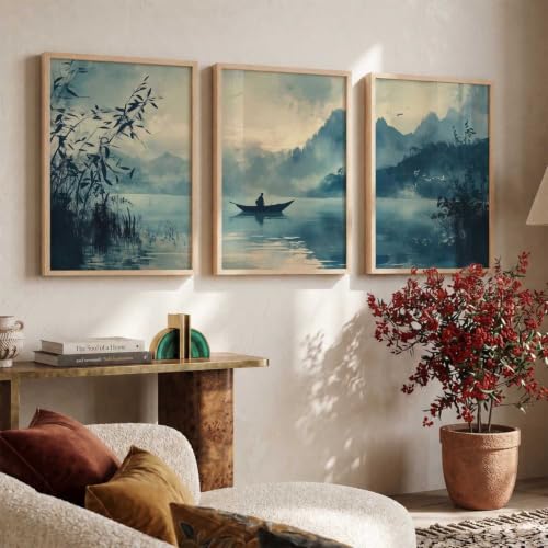 Image of kotart Big Aesthetic Nature Art Wall Framed Posters | Japanese Nature View Framed Poster for Living Room Bedroom Wall Decor Set Of 3 (14x20 Inch)