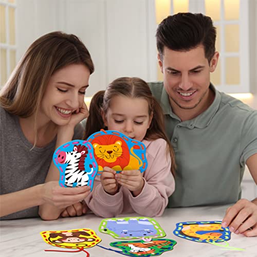Image of 9 Pieces Kids Lacing Cards, Double Sided Sewing Cards in 9 Wild Animals with 9 Colorful Laces, Imagination Development Lacing Toys Games for Children Educational and Learning Activity