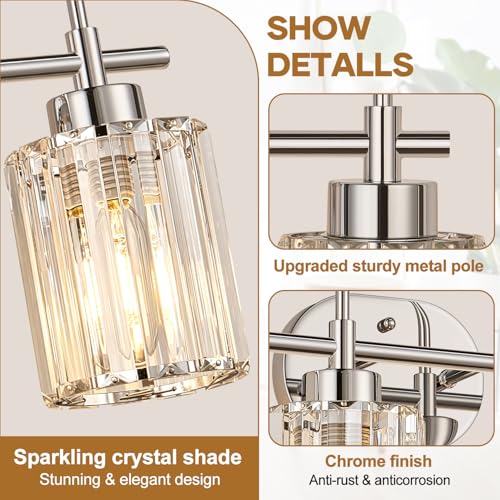 Image of Modern K9 Crystal Bathroom Vanity Light Fixtures, 4-Light Chrome Vanity Lighting Over Mirror, Clear Crystal Shades, Modern Bathroom Light for Bedroom Living Room Hallway Dressing Room