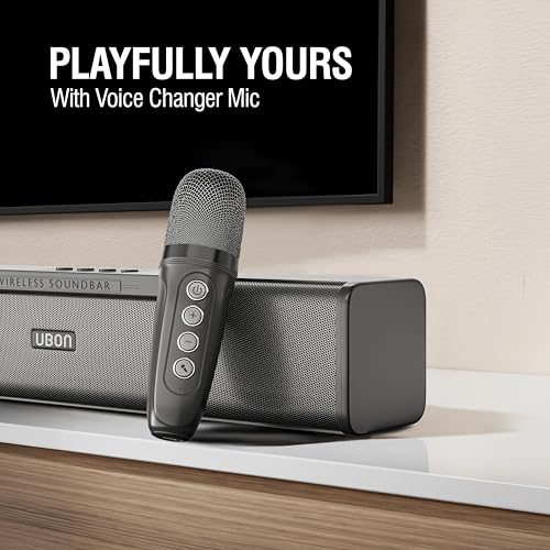 Image of UBON Thunder SP90 Wireless Sounbar with Voice Changer Mic, 16 W Powerfull Sound Output, Built in Mobile Holder, 10HRS Playtime, Bluetooth Sound Bar, Soundbar Speaker (Black)