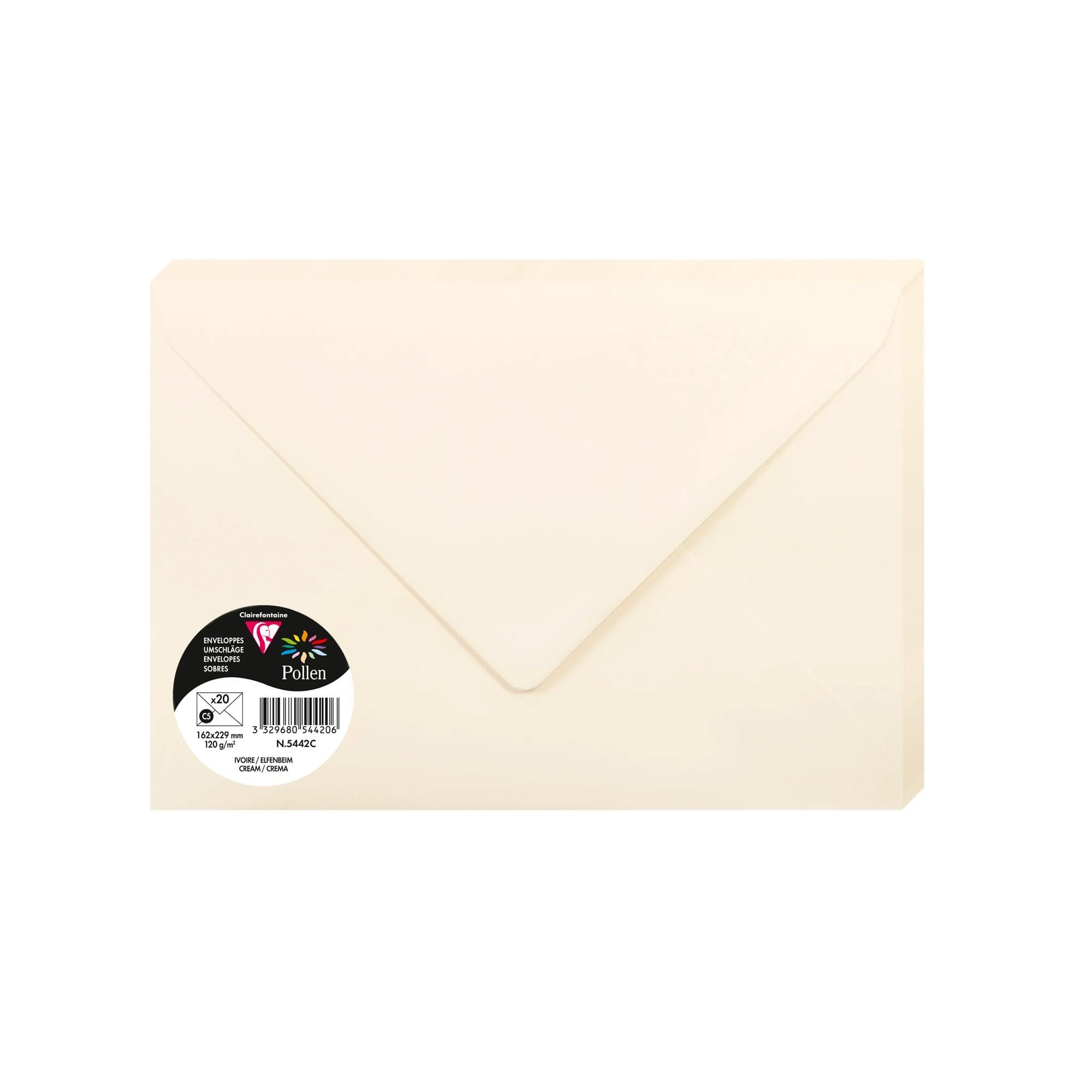 Clairefontaine Paquet de 20 Grandes Enveloppes 16,​2x22,​9cm Ivoire - 120g/​m² - Format C5 - Fermeture gommée - Invitation Evénements et Correspondance - Gamme Pollen - Papier Lisse - réf. 5442C